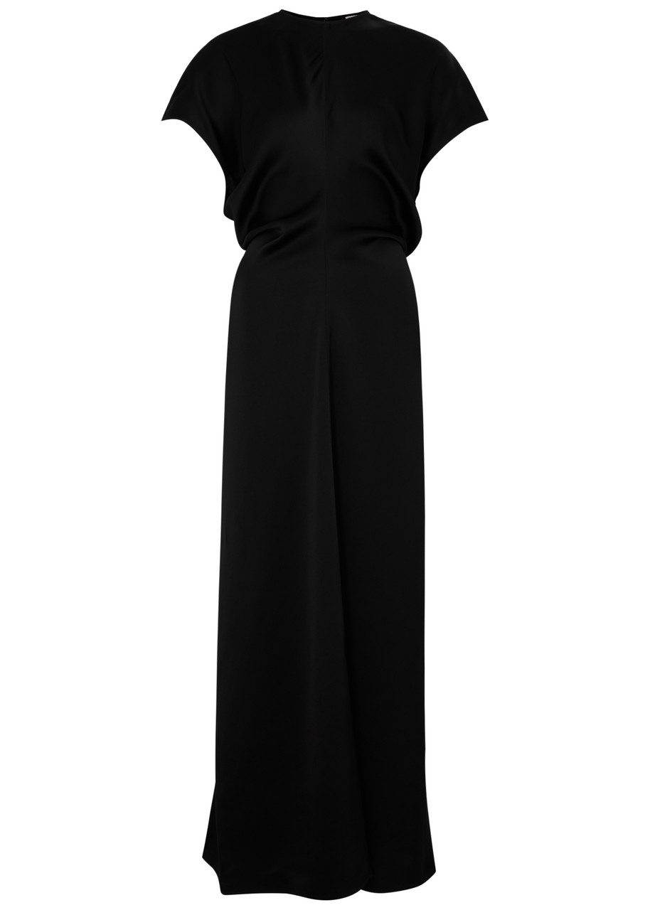 Shop Totême Gathered Satin Maxi Dress In Black