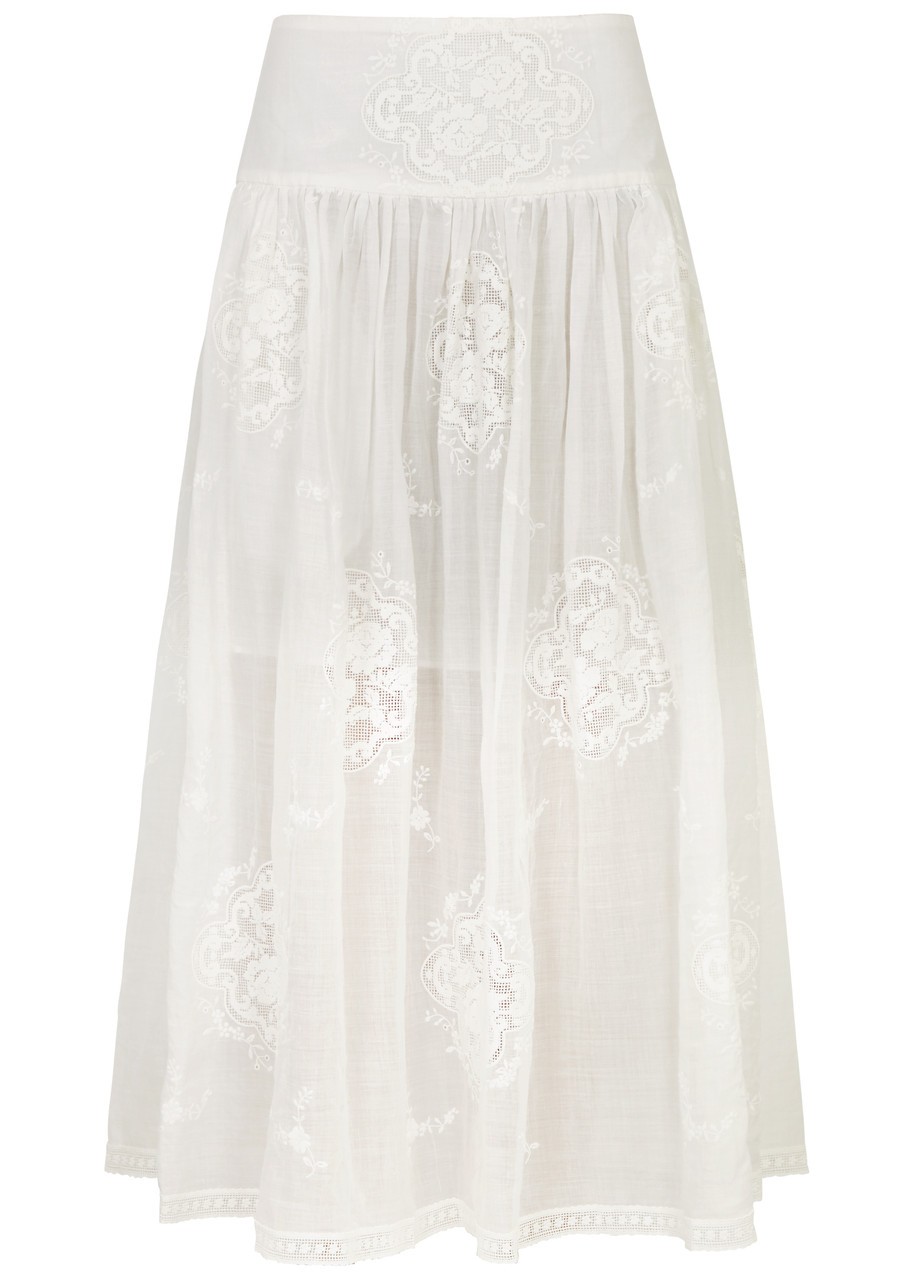 Shop Zimmermann Alight Lace-panelled Ramie Midi Skirt In Ivory