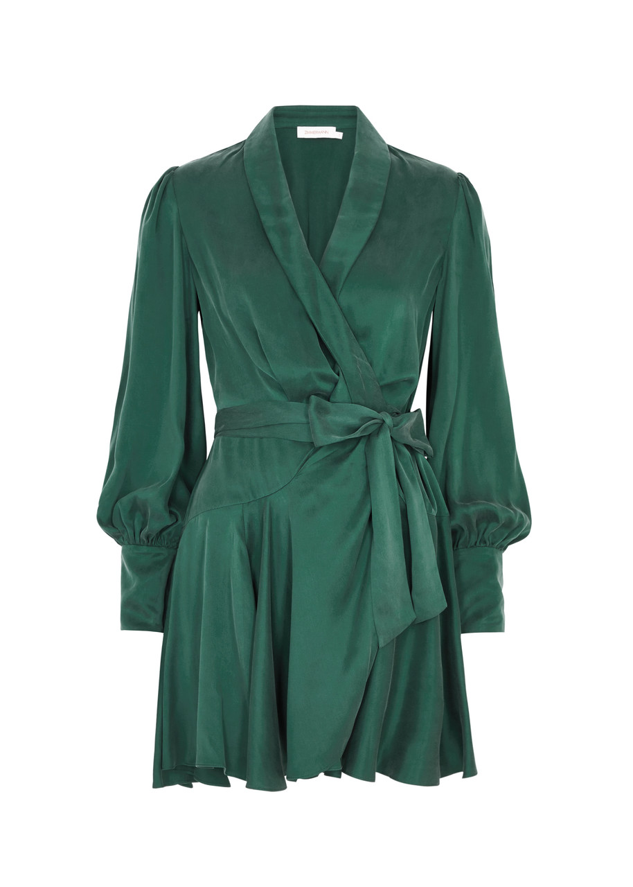 Shop Zimmermann Silk-satin Mini Wrap Dress In Green