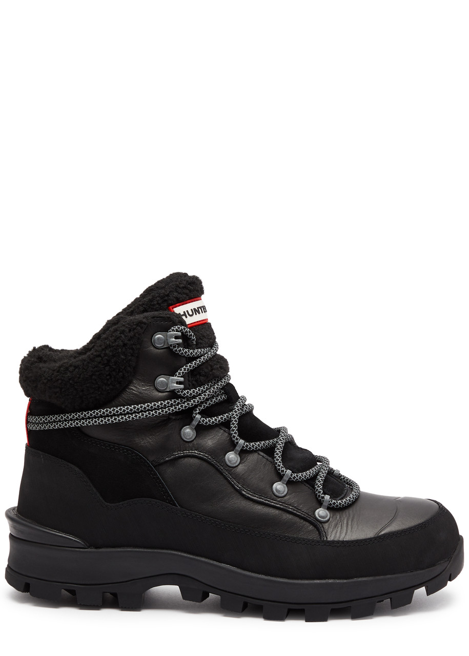 Hunter Explorer Panelled Leather Hiking Boots In Black