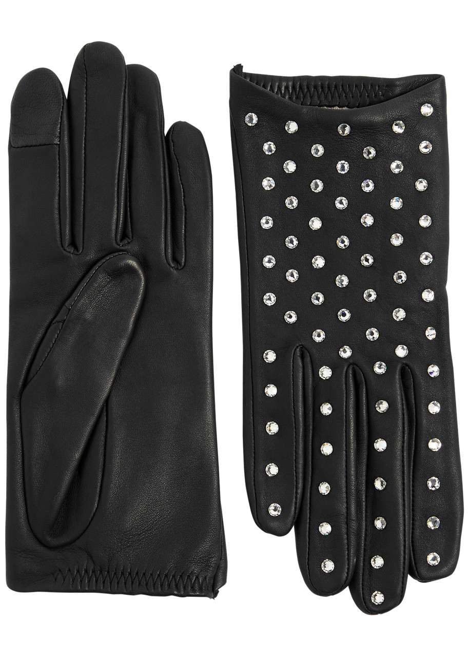 Agnelle Kate Crystal-embellished Leather Gloves In Black