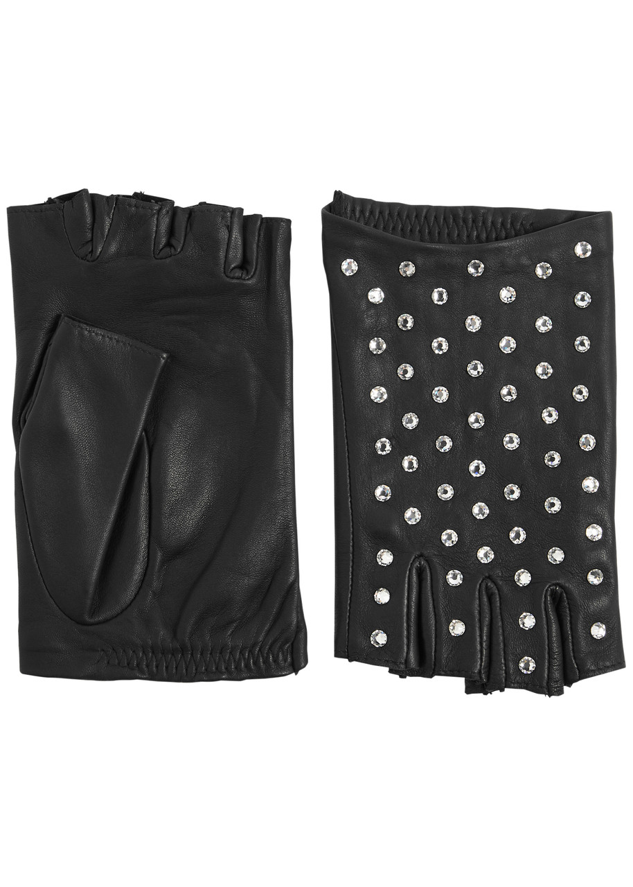 Agnelle Irene Embellished Leather Fingerless Gloves In Black