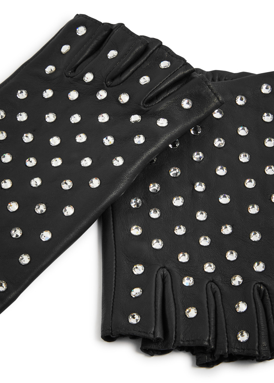 Agnelle Irene Embellished Leather Fingerless Gloves – Black – 7 (M)