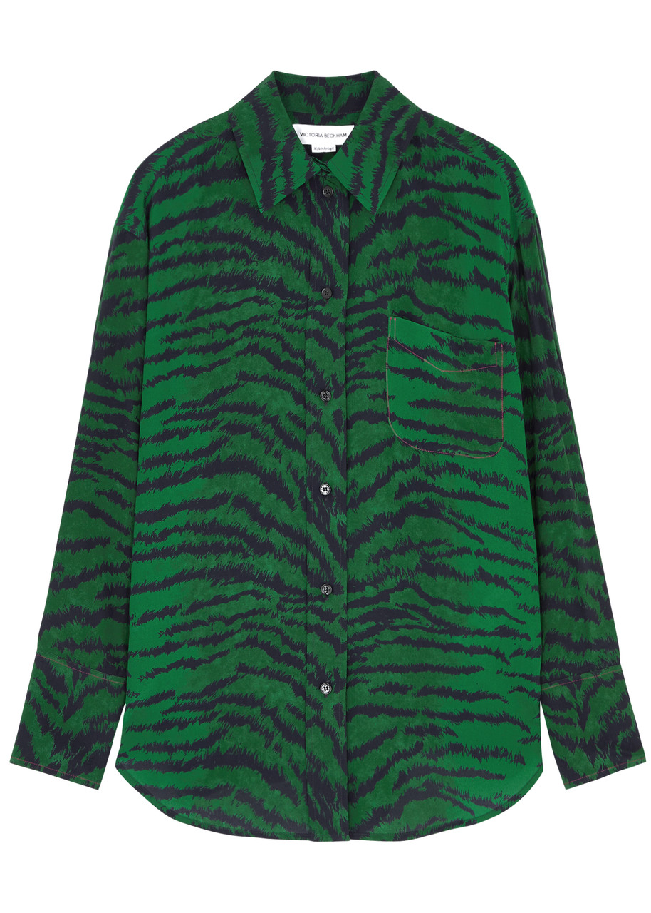 Victoria Beckham Tiger-print Silk Shirt In Green