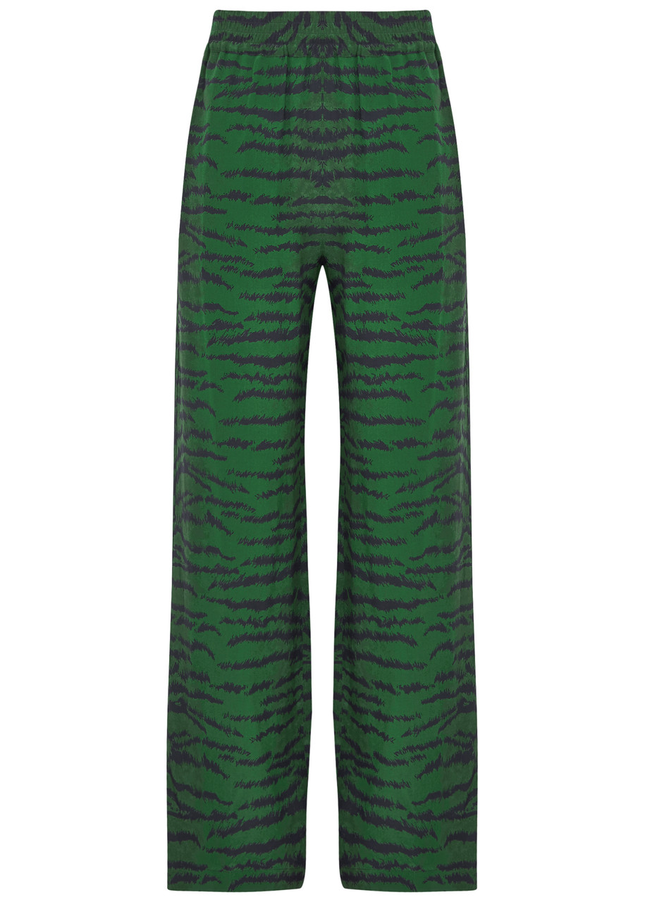 Victoria Beckham Tiger-print Silk Trousers In Green