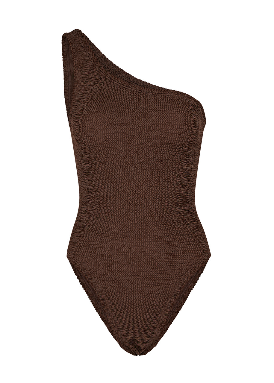 Shop Hunza G Nancy One-shoulder Seersucker Swimsuit In Chocolate