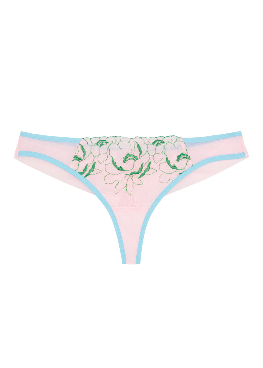 Dora Larsen Rue Floral-embroidered Tulle Thong In Light Pink