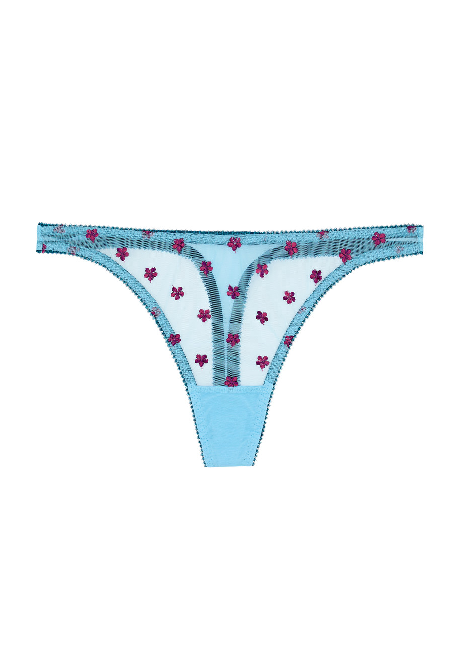 Dora Larsen Maudie Embroidered Tulle Thong In Blue