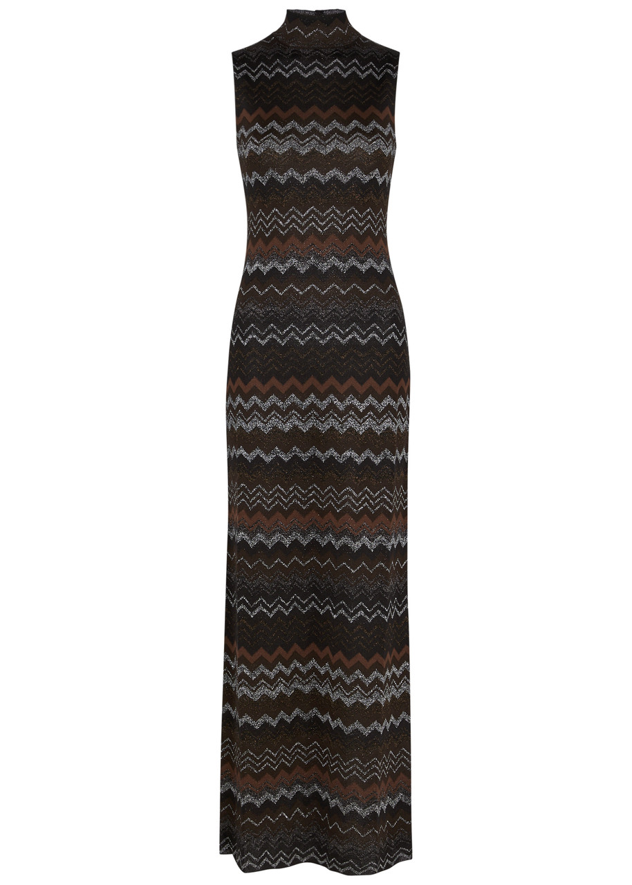 Shop Missoni Zigzag-intarsia Metallic Fine-knit Maxi Dress In Black