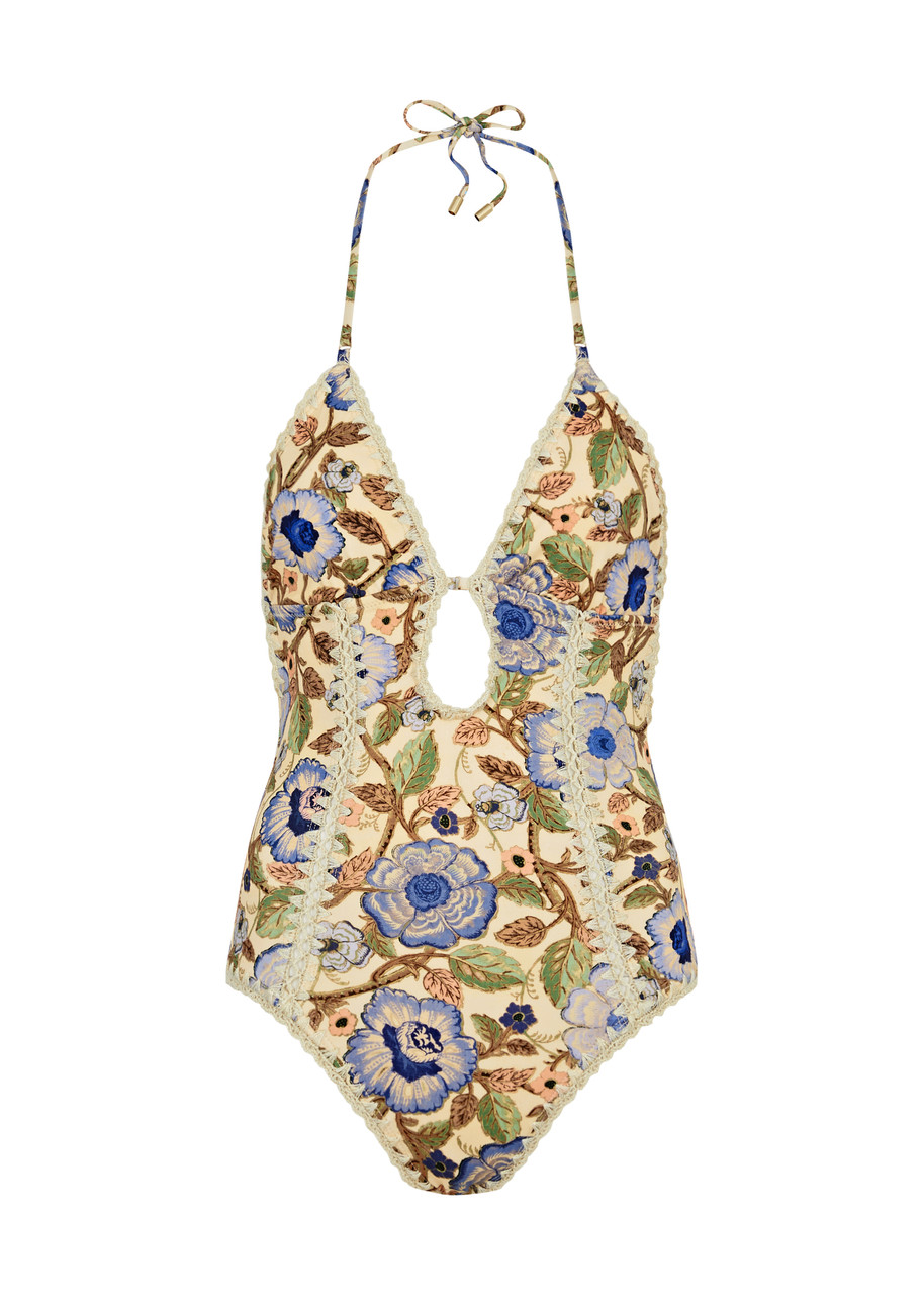Zimmermann Junie Floral-print Halterneck Swimsuit In Blue