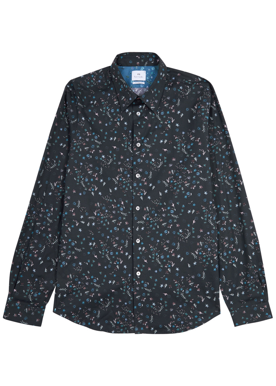 Ps By Paul Smith Floral-print Stretch-cotton Shirt In Navy