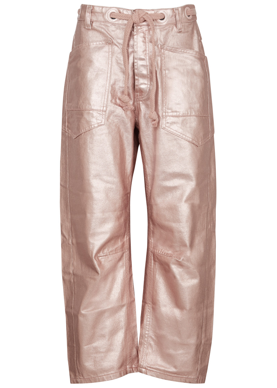 Shop Free People Moxy Metallic Barrel-leg Jeans In Pink