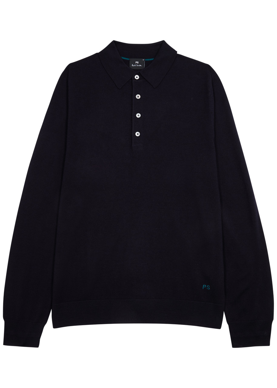 Ps By Paul Smith Logo-embroidered Wool Polo Shirt In Navy