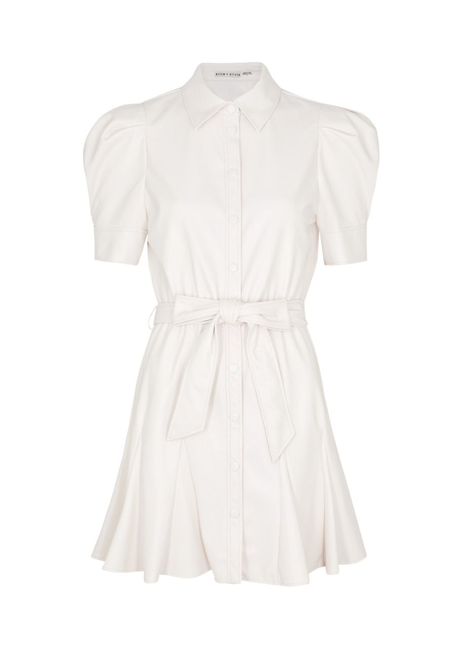 Alice And Olivia Lurlene Vegan Leather Mini Shirtdress In Off White