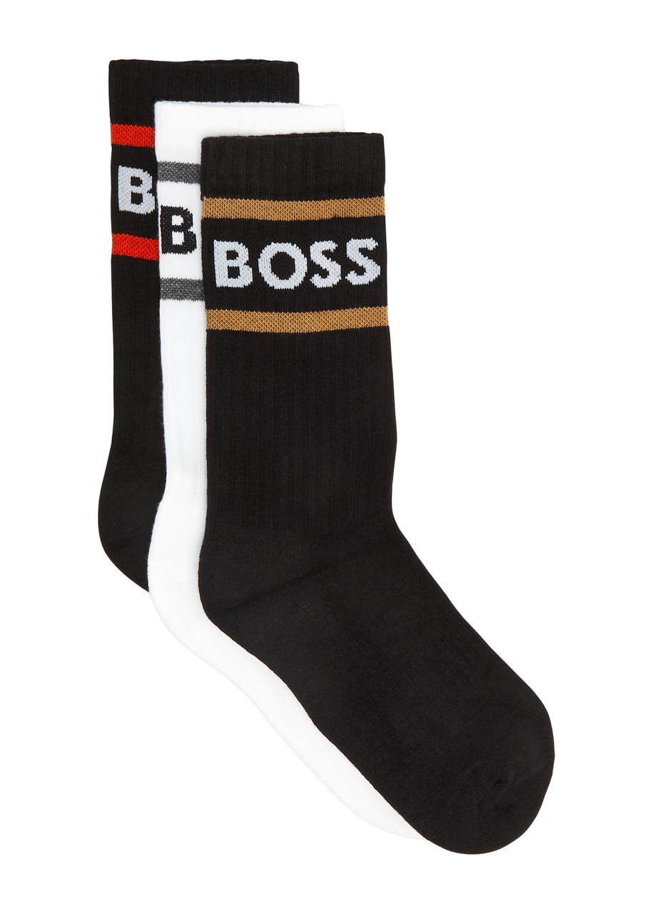Hugo Boss Boss Striped Logo-intarsia Stretch-cotton Socks In Multicoloured