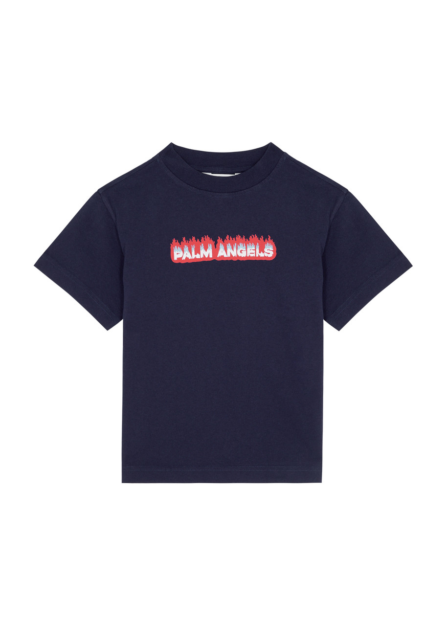 Palm Angels Kids Flames Printed Cotton T-shirt In Navy