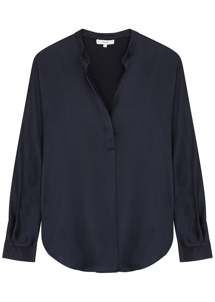 Vince Open Neck Long-sleeved Loose Fit Blouse In Navy