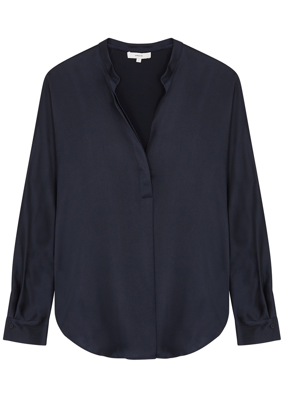 Vince B Band Collar Blouse In Navy