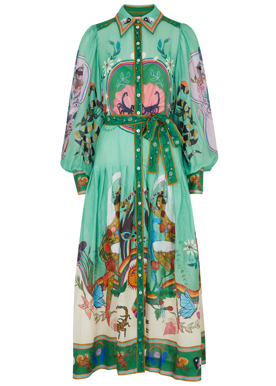 Shop Alemais Evergreen Printed Ramie Midi Shirt Dress In Multicoloured