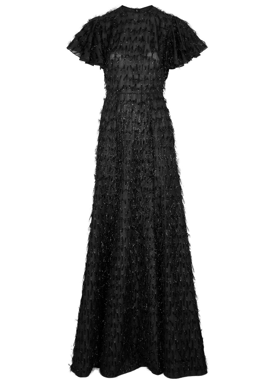 The Vampire's Wife Light Sleeper Fringed Organza Gown In Black