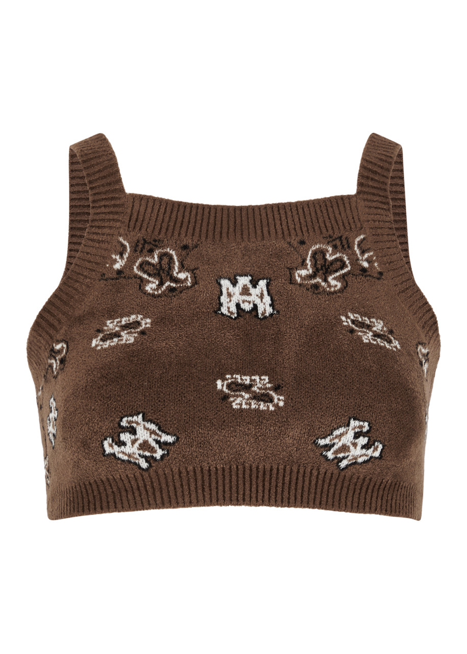 Shop Amiri Bandana-intarsia Cropped Knitted Tank In Brown