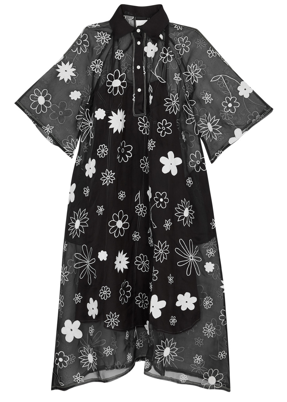 Lovebirds Floral-embroidered Organza Midi Dress In Black