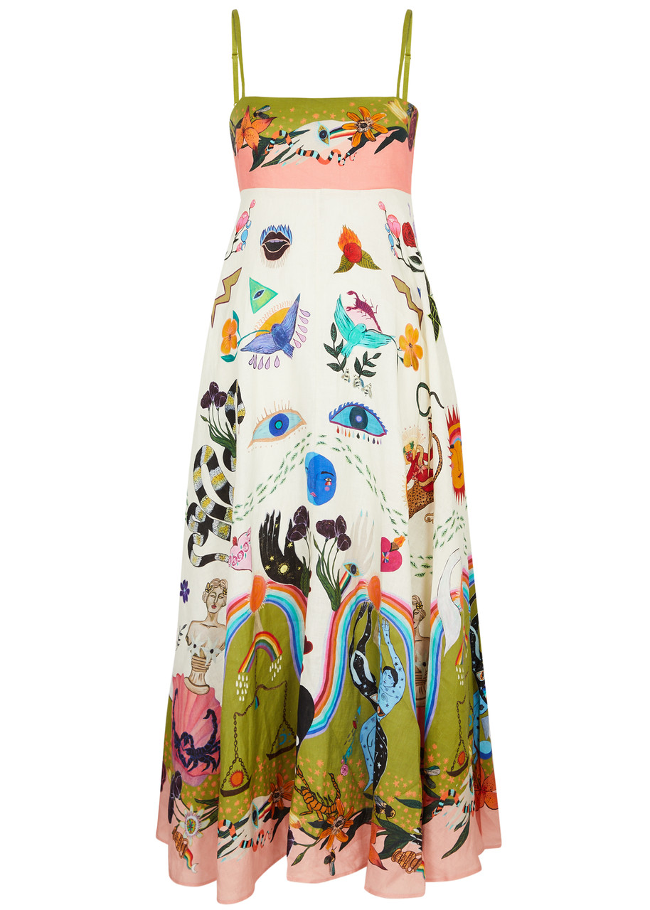 Alemais Evergreen Printed Linen Midi Dress In Multicoloured
