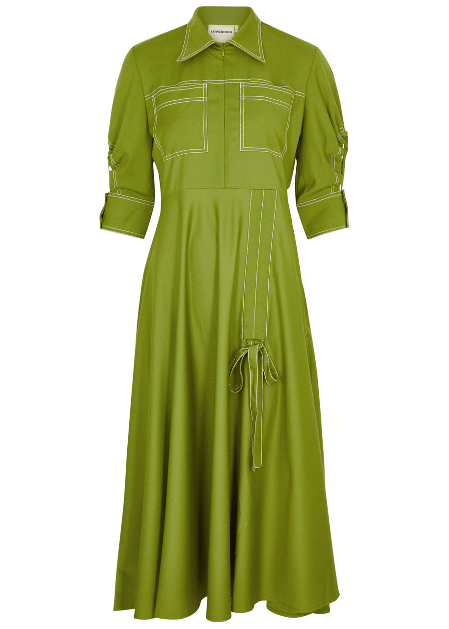 Lovebirds Twill Midi Shirt Dress In Green