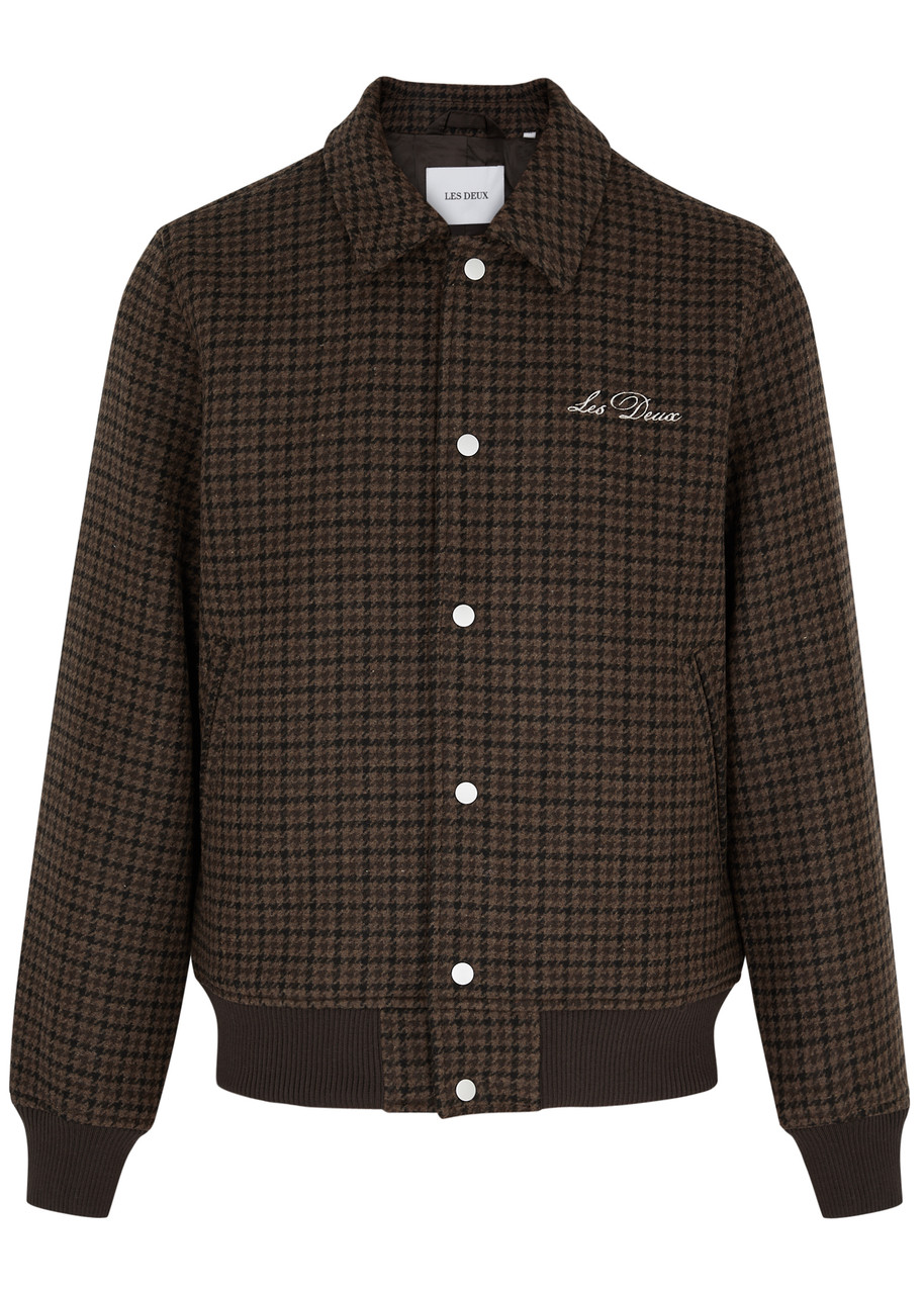 Les Deux Houndstooth Flannel Varsity Jacket In Brown