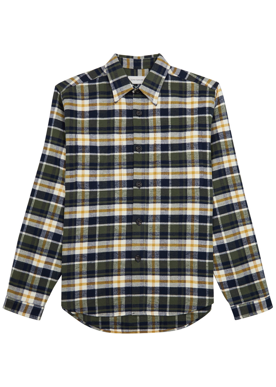 Oliver Spencer Treviscoe Checked Brushed Cotton Overshirt In Green