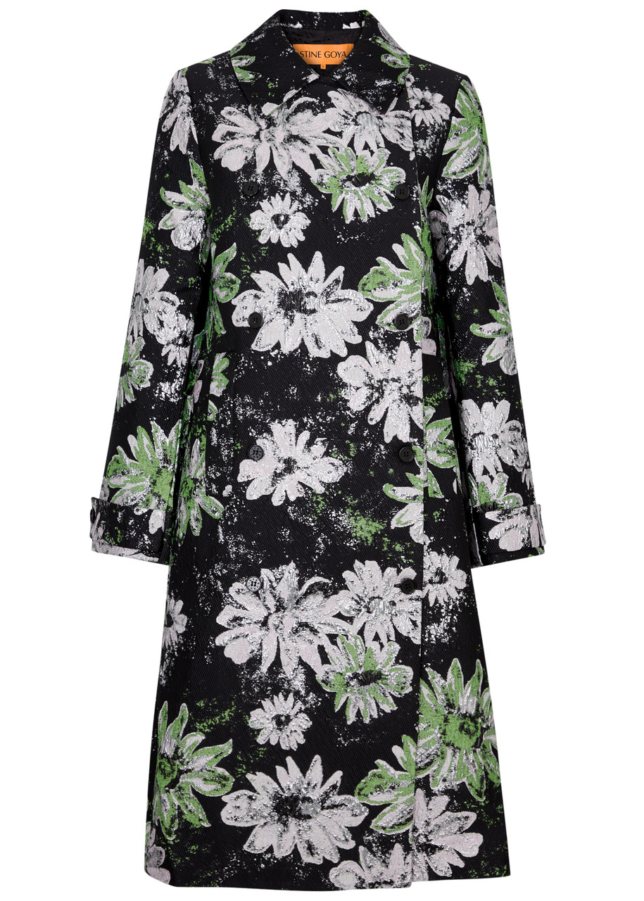 Shop Stine Goya Wessi Metallic Floral-jacquard Coat In Black