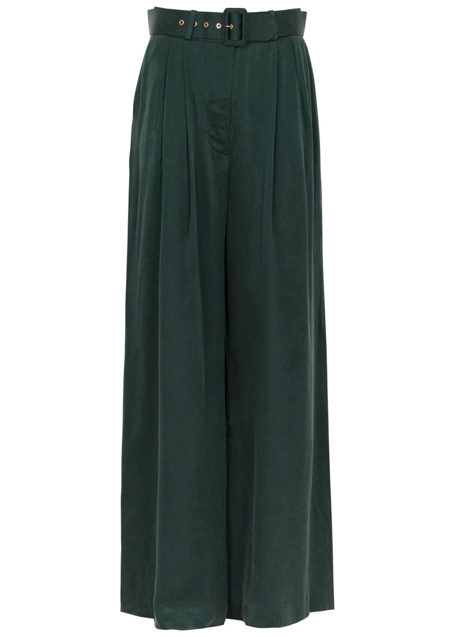 Zimmermann Tuck Wide-leg Silk-satin Trousers In Green