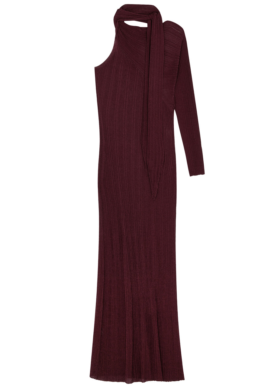 Rabanne Asymmetric Metallic-knit Maxi Dress In Burgundy