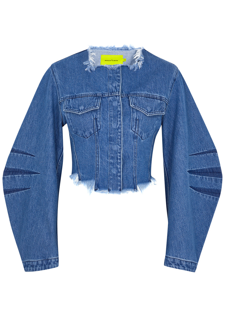 Shop Marques' Almeida Frayed Cropped Denim Jacket In Blue