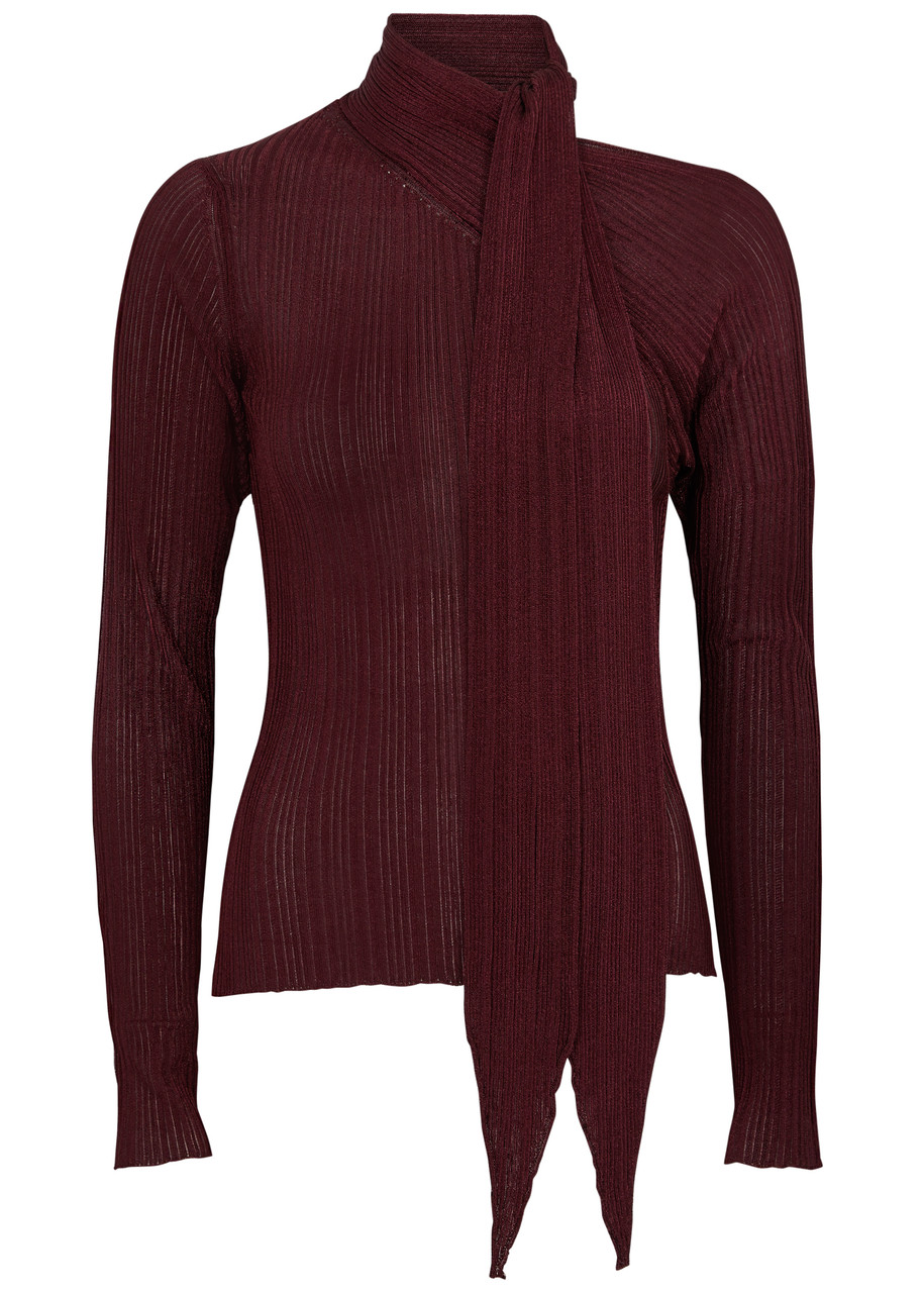 Rabanne Ribbed Metallic-knit Top In Burgundy