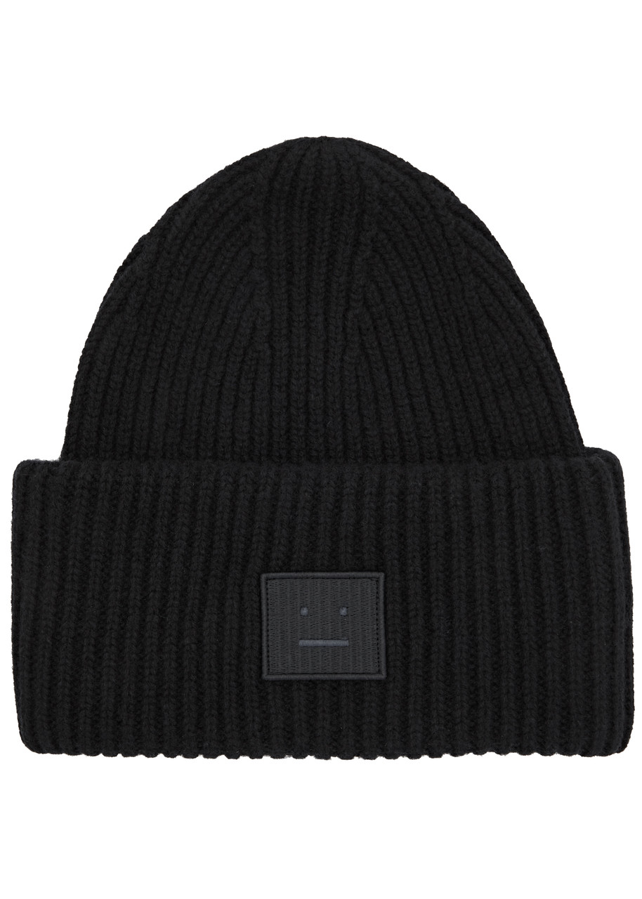 Acne Studios Pansy Face Ribbed Wool Beanie In Black