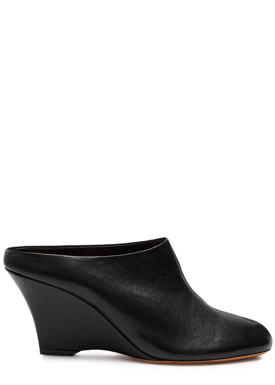 Shop Khaite Apollo 75 Leather Wedge Mules In Black