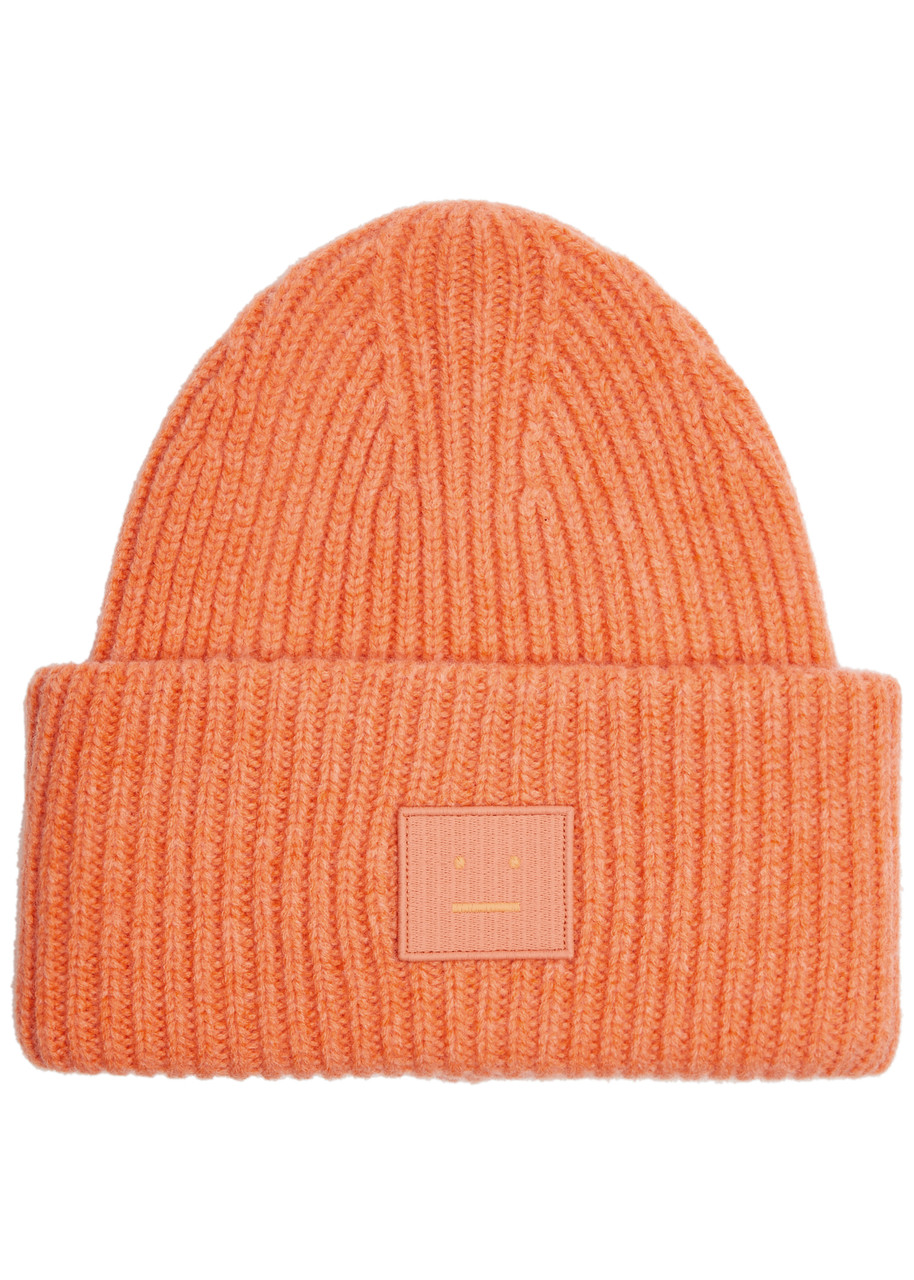 Acne Studios Pansy Face Ribbed Wool Beanie In Orange