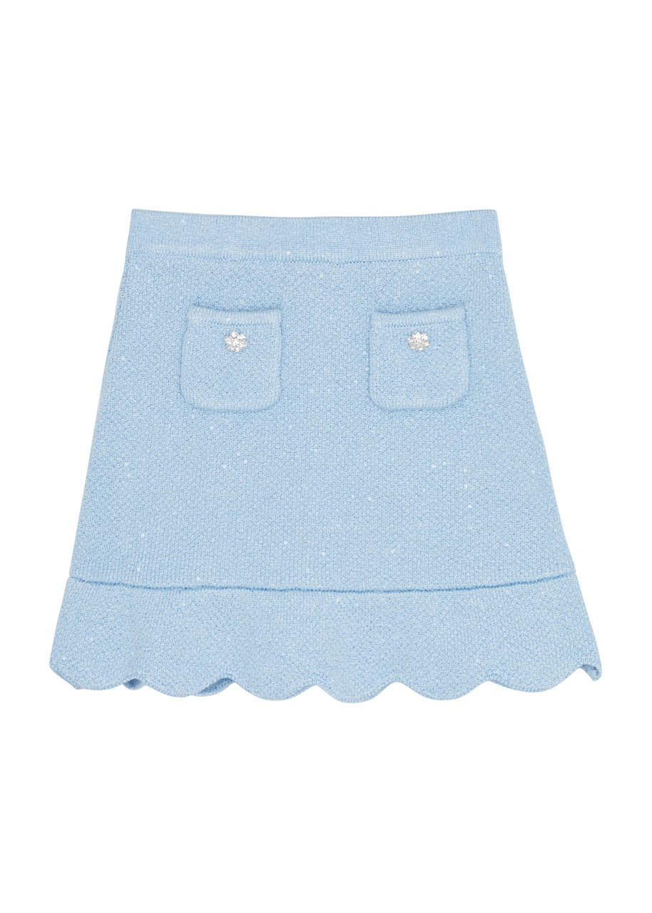 Self-portrait Kids Sequin-embellished Ribbed-knit Skirt In Blue Light