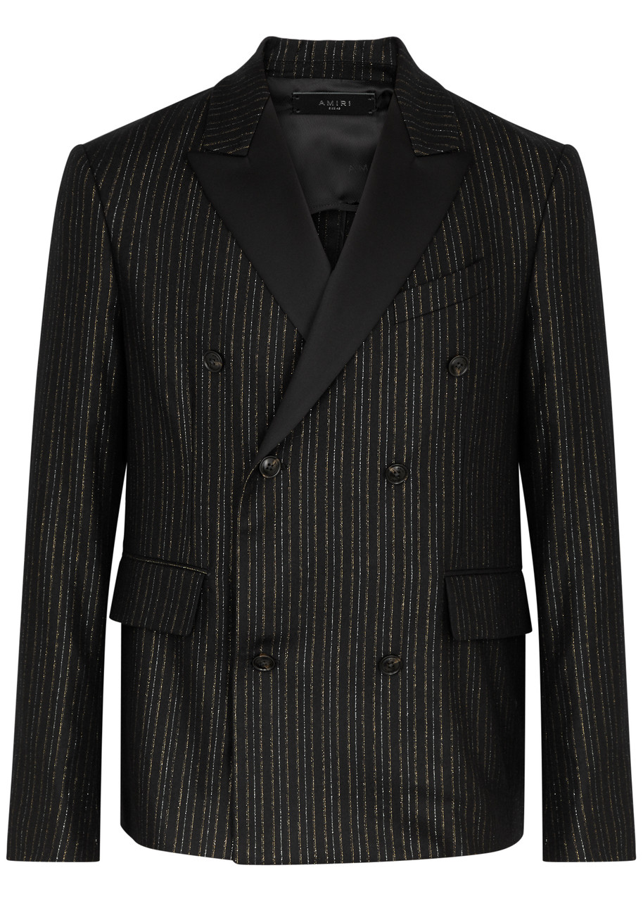 Amiri Double-breasted Lurex Pinstriped Blazer With Satin Lapel In Black