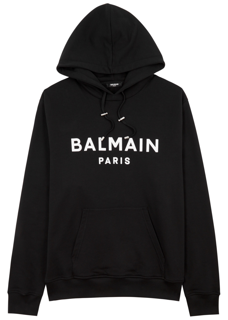 Balmain Logo Hooded Cotton Sweatshirt In Black
