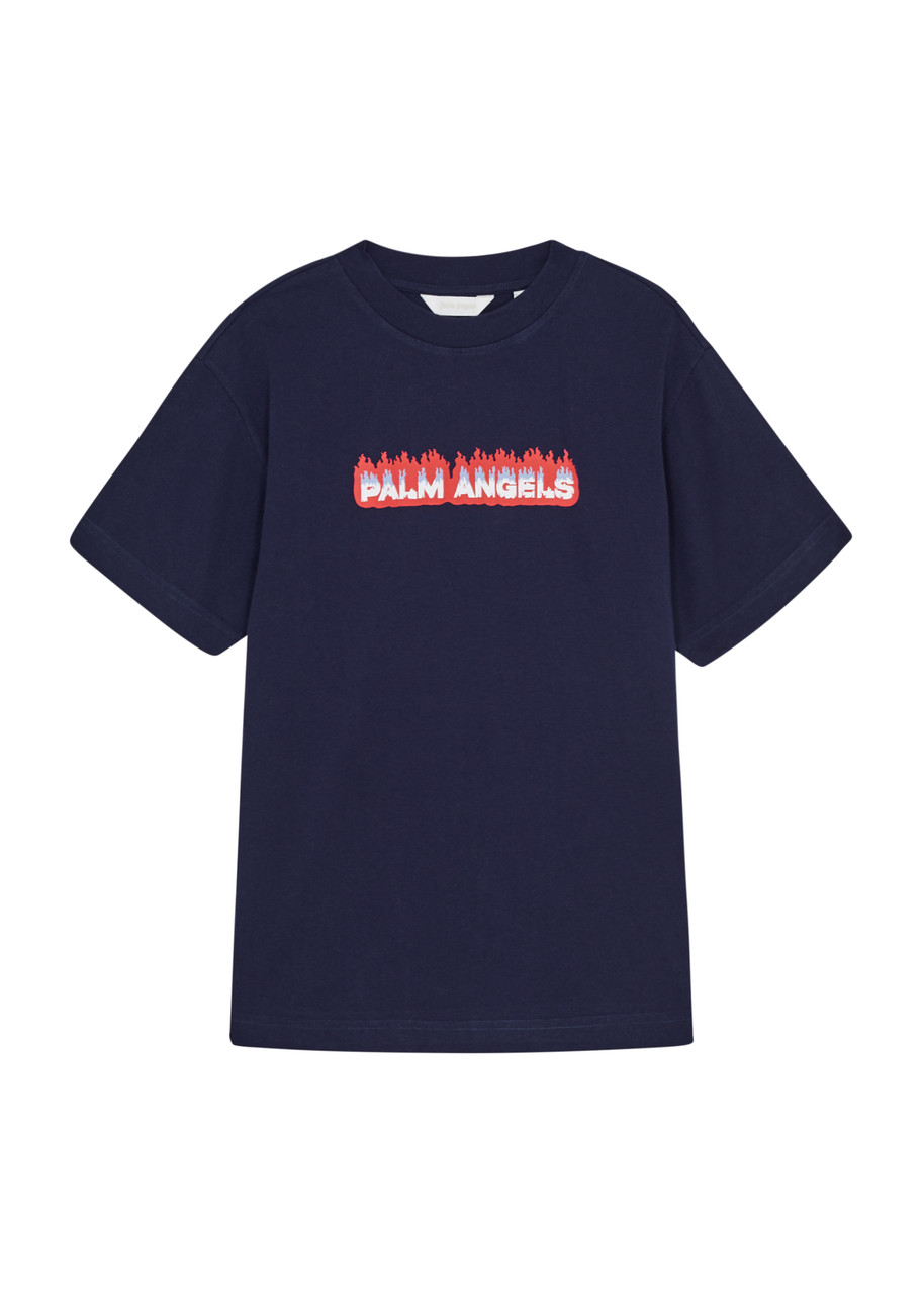 Palm Angels Kids Flames Logo-print Cotton T-shirt In Navy