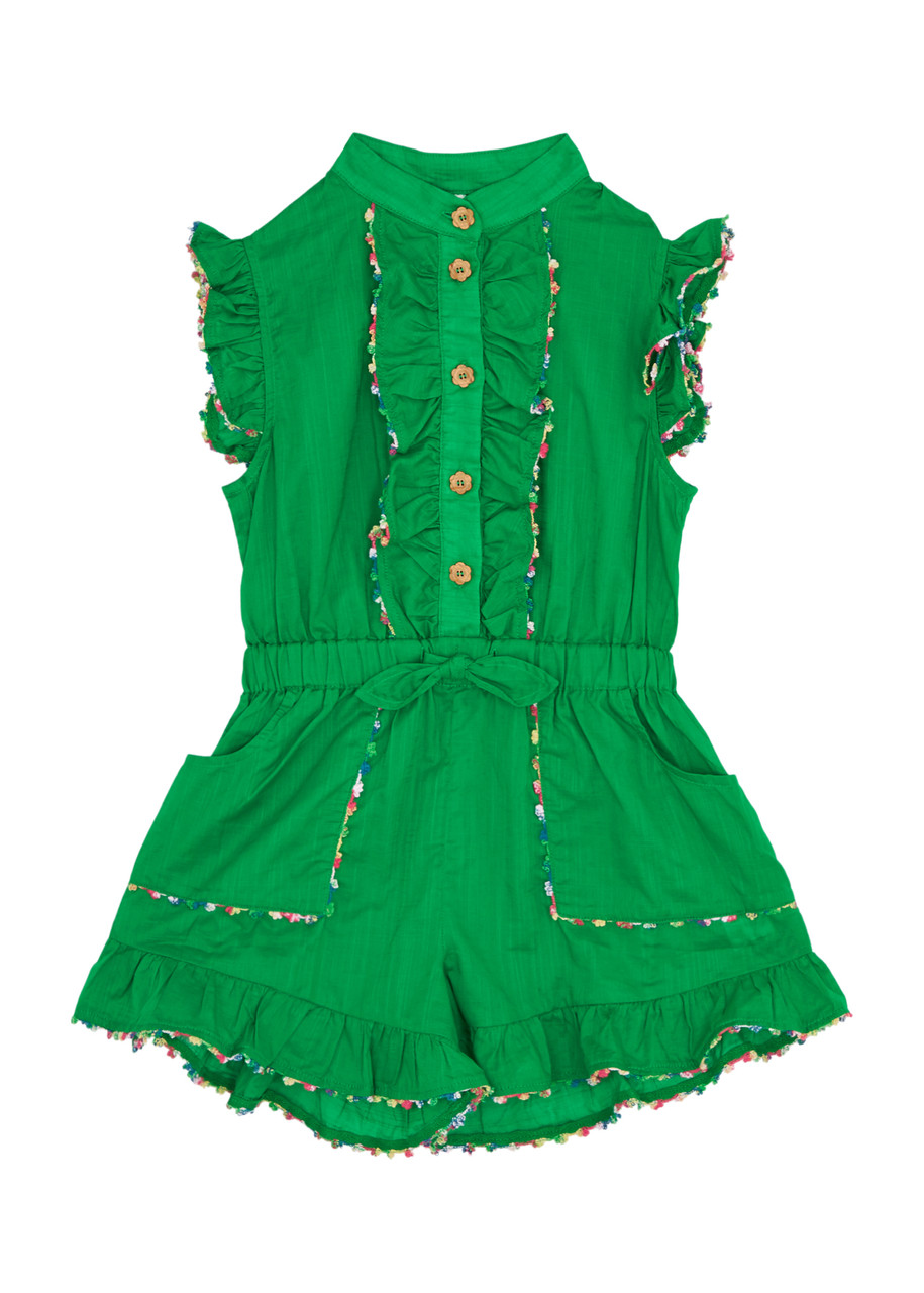 Zimmermann Kids Junie Ruffled Cotton Playsuit In Green