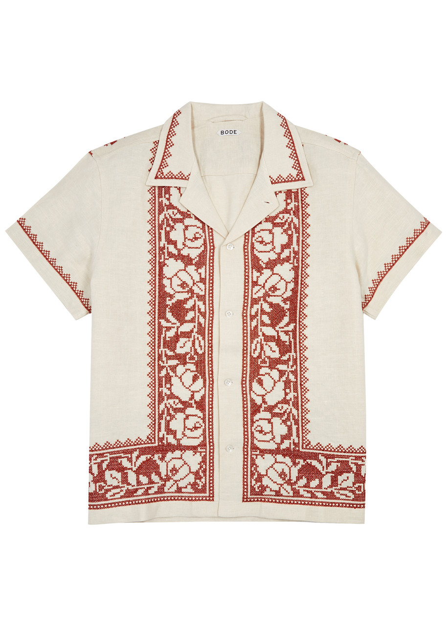 Bode Rose Garland Cross-stitched Linen Shirt In White