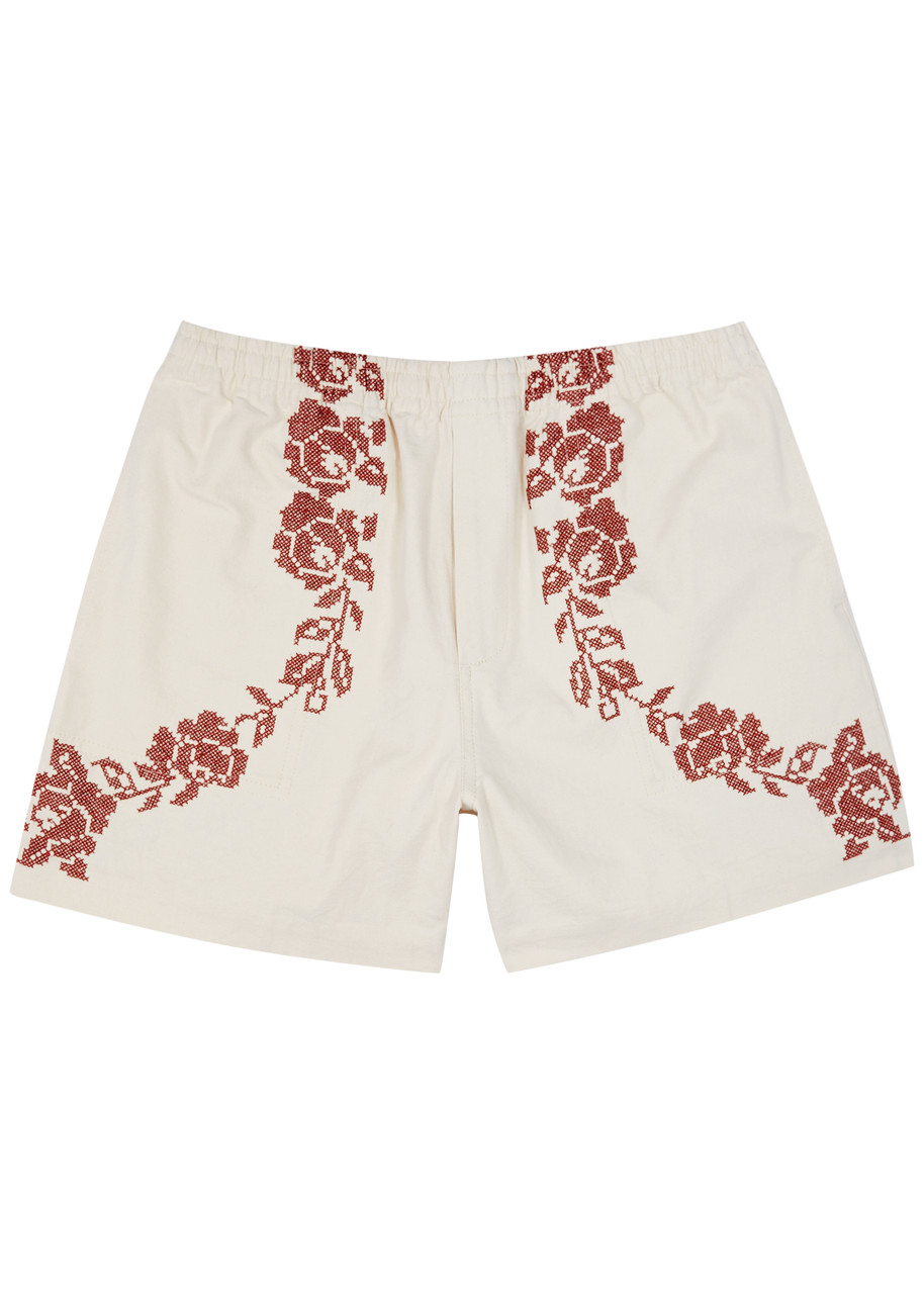 Bode Rose Garland Cross-stitched Cotton Shorts In White