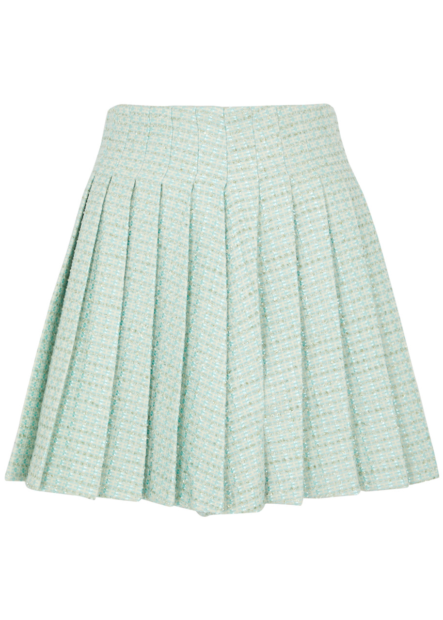 Shop Self-portrait Pleated Bouclé Tweed Mini Skirt In Mint