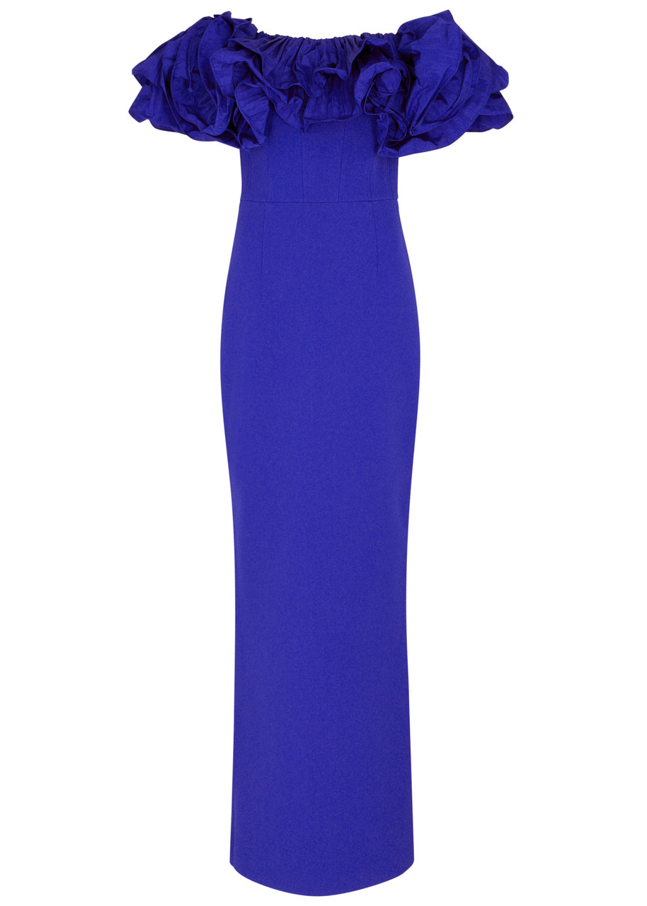 Rebecca Vallance Cora Off-the-shoulder Stretch-crepe Gown In Blue
