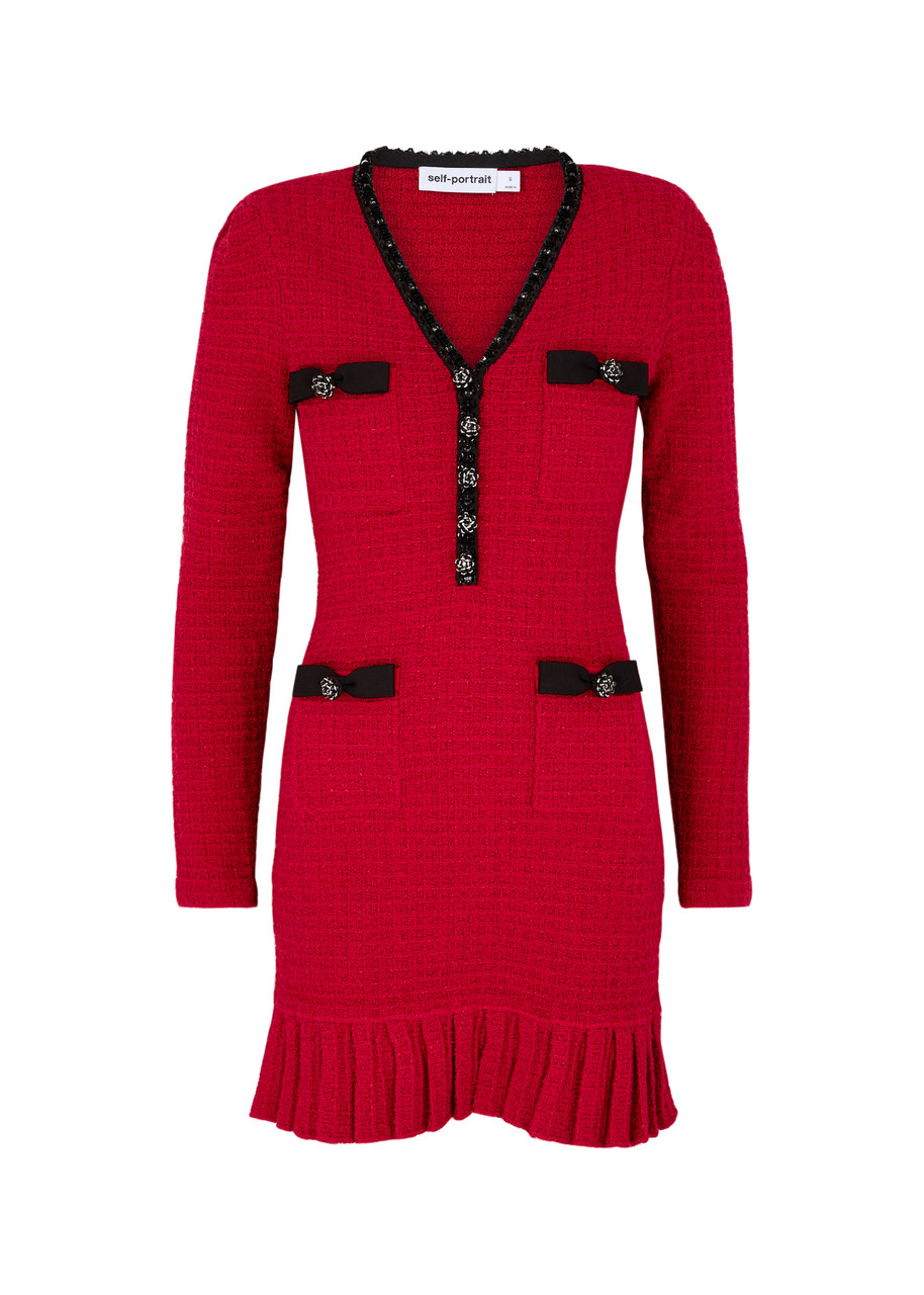 Self-portrait Sequin-embellished Waffle-knit Mini Dress In Red