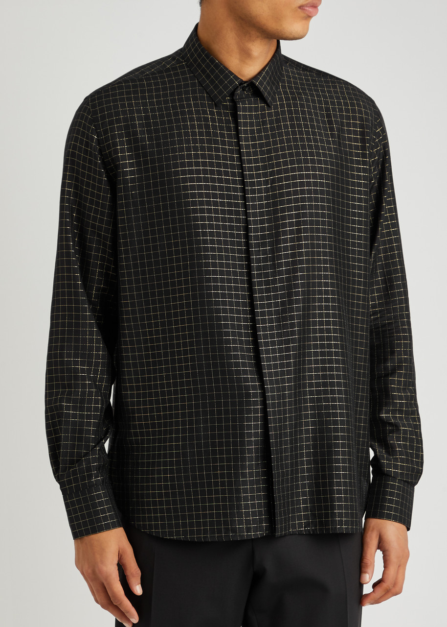 Saint Laurent Checked Metallic-weave Shirt In Black