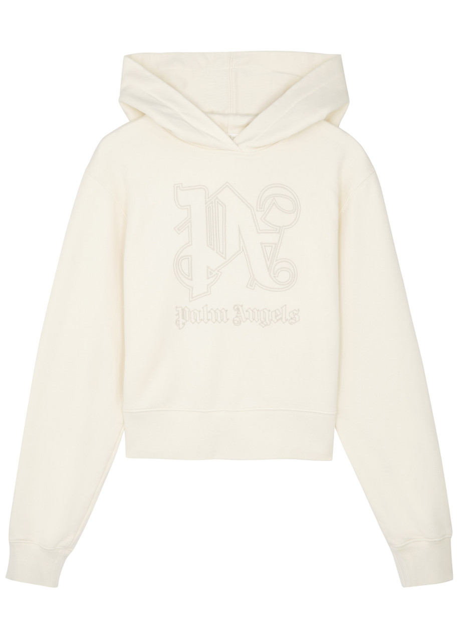 Palm Angels Cropped Hoodie With Monogram Embroidery In Off White